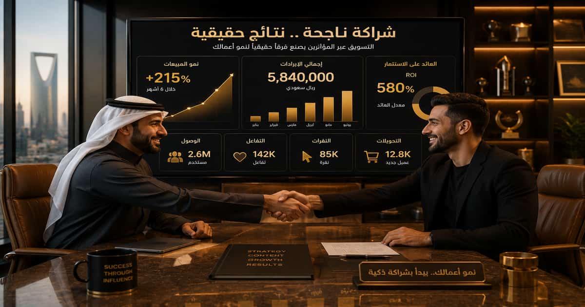 صاحب شركة يصافح مؤثراً بعد نجاح حملة التسويق عبر المؤثرين في السعودية مع لوحة تحكم تعرض نمو المبيعات والعائد على الاستثمار وتحليلات الأداء