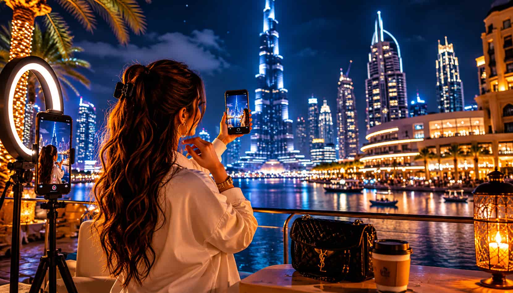 مشهورة سوشيال ميديا تصور محتوى في دبي أمام برج خليفة ليلًا